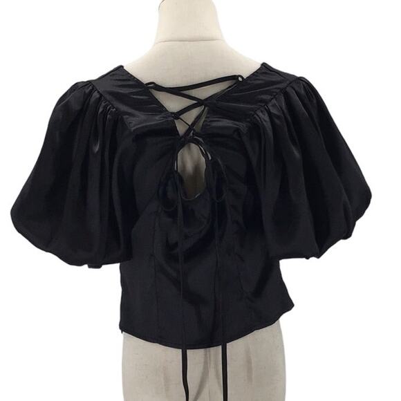 MILK & HONEY M L Black Satin Puff Sleeves V-Neck Lace up Blouse Crop Top NWT B80 - Picture 2 of 6